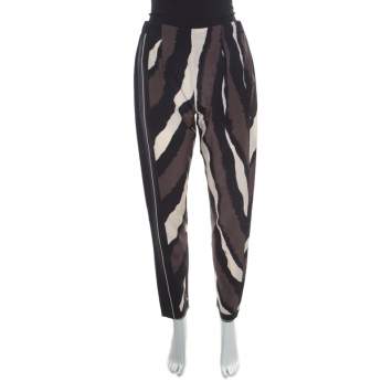Pre Owned Fendi Brown Printed Silk Elasticized Waist Tapered Pants S