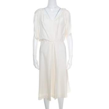 Pre Owned Fendi Cream Silk V-Neck Cut Out Sleeve Detail Inverted Pleat Dress S