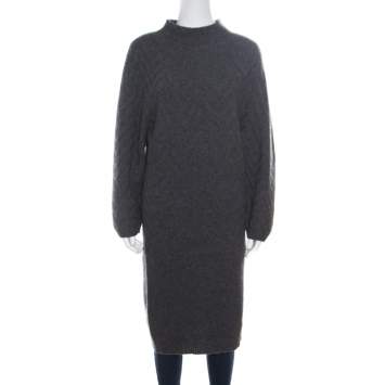 Pre Owned Fendi Grey Chevron Patterned Cashmere Knit High Neck Sweater Dress S