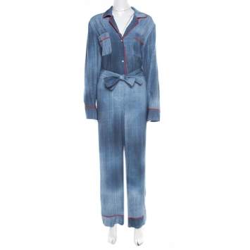 Pre Owned Fendi Indigo Denim Effect Printed Belted Jumpsuit M