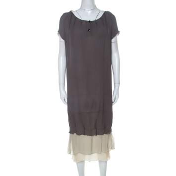 Pre Owned Fendi Grey Silk Ombre Fur Detail Layered Short Sleeve Dress M