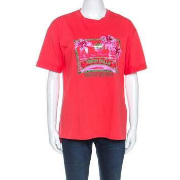 Pre Owned Fendi Coral Red Cotton Embellished Detail Trevi Falls T-Shirt XS