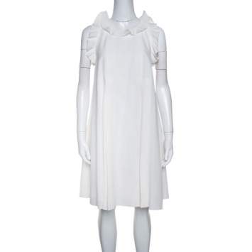 Pre Owned Fendi Off White Silk Ruffle Detail Pleated Short Dress S