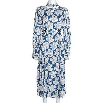 Pre Owned Fendi Blue Floral Printed Silk Cutout Detail Midi Dress M