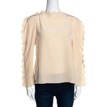 Pre Owned Fendi Cream Silk Scalloped Long Sleeve Blouse S