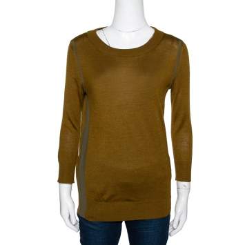 Pre Owned Fendi Olive Green Cashmere & Silk Trim Long Sleeve Jumper S