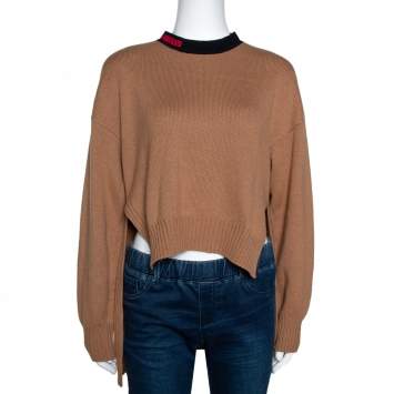Pre Owned Fendi Sand Brown Cashmere Blend MCMXXV Detail Asymmetric Sweater M