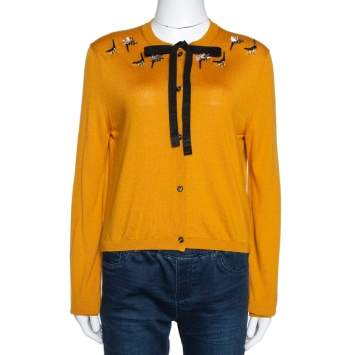 Pre Owned Fendi Mustard Yellow Cashmere Silk Neck Tie Detail Embellished Cardigan M