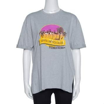 Pre Owned Fendi Grey Appia Antica Blvd Embellished Cotton T-Shirt M