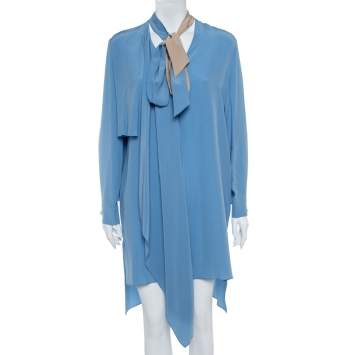 Pre Owned Fendi Blue Silk Neck Tie Detail Draped Asymmetrical Dress S