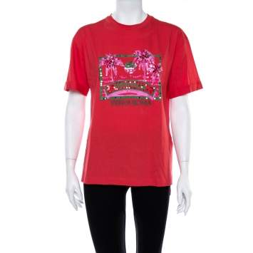 Pre Owned Fendi Coral Pink Cotton Sequin Embellished T Shirt XS