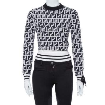 Pre Owned Fendi Monochrome FF Logo Jacquard Knit Crop Top S