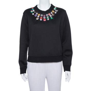 Pre Owned Fendi Black Knit Embellished Neck Detail Cropped Sweatshirt M