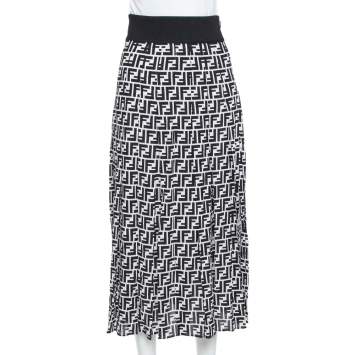 Pre Owned Fendi Monochrome Silk Side Slit Detail Midi Skirt S