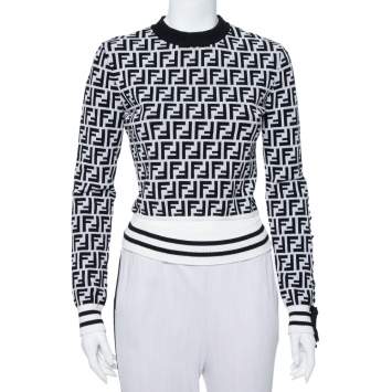 Pre Owned Fendi Monochrome Zucca Monogram Intarsia Knit Crop Top S