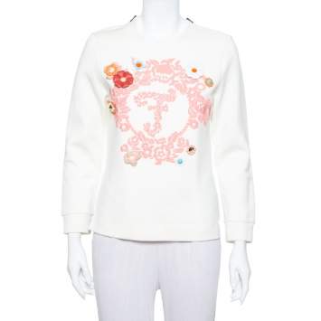 Pre Owned Fendi Cream Knit Floral Embroidered Applique Detail Pullover S