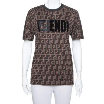 Pre Owned Fendi Brown Logo Printed Cotton Embroidered Crewneck T Shirt S