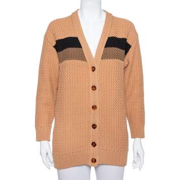 Pre Owned Fendi Brown Cable Knit Stripe Detail Cardigan XS