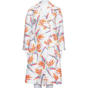 Pre Owned Fendi White Jacquard Birds Of Paradise Print Oversized Coat S