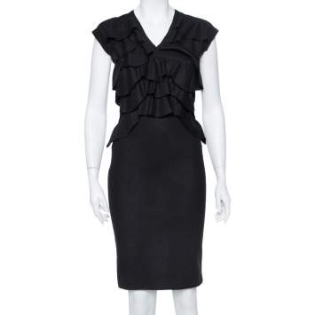 Pre Owned Fendi Black Wool Ruffle Detail Sheath Dress S