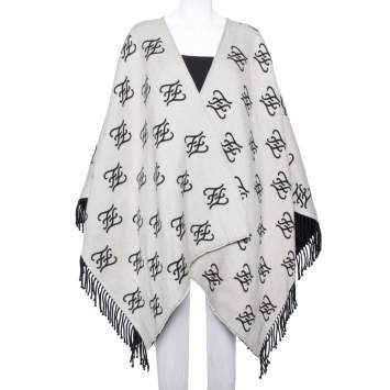 Pre Owned Fendi Grey Logo Intarsia Knit Fringed Poncho (One Size)