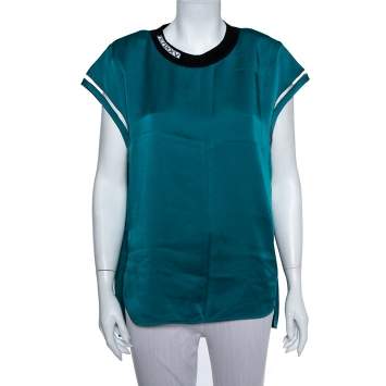 Pre Owned Fendi Teal Green Satin Mesh & Shoulder Pad Detail Oversized Top M