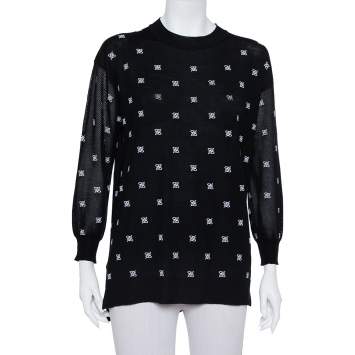 Pre Owned Fendi Black Wool & Silk Logo Embroidered Jumper S