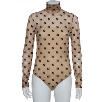 Pre Owned Fendi Beige Tulle Logo Embroidered High Neck Sheer Bodysuit S