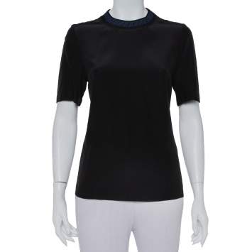 Pre Owned Fendi Black Silk Ribbed Logo Neck Trim Detail Top M