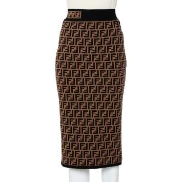Pre Owned Fendi Brown Zucca Monogram Knit Midi Skirt S
