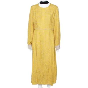 Pre Owned Fendi Yellow Textured Silk Collar Tie Detail Grisaille Maxi Dress L