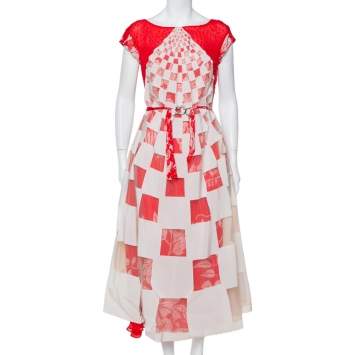 Pre Owned Fendi  Red & White Layered Silk & Tulle Flared Midi Dress M