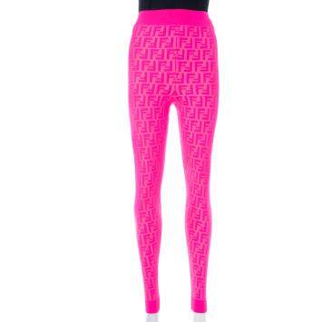 Pre Owned Fendi Neon Pink Knit Logo Monogram Knit Leggings M