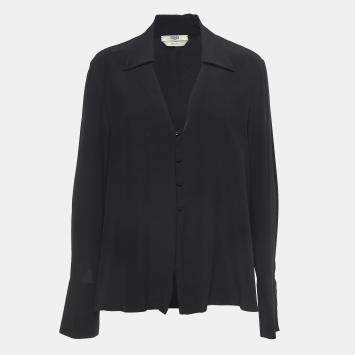 Pre Owned Fendi Black Silk V Neck Collared Button Front Shirt L