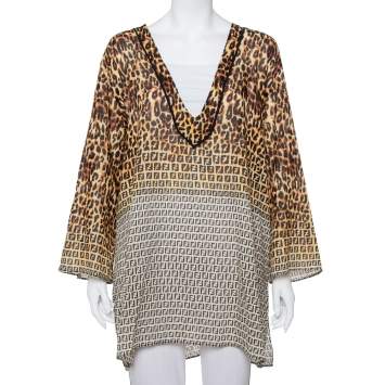 Pre Owned Fendi Brown Animal Printed Cotton Deep Neck Tunic L