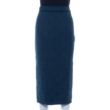 Pre Owned Fendi Teal Blue Knit Logo Embroidered Midi Skirt S