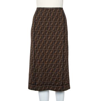 Pre Owned Fendi Brown Mesh Zucca Monogram Paneled Midi Skirt M