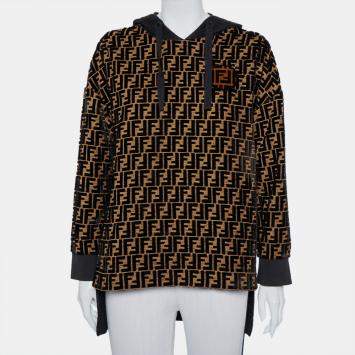 Pre Owned Fendi Black & Gold Velour Logo Monogram Detail Hooded Sweatshirt S
