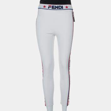 Pre Owned Fendi White Knit Logo Printed Cropped Leggings M