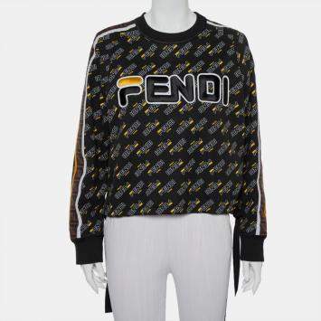 Pre Owned Fendi Black Logo Printed Waist Tie Detail Crewneck Sweatshirt L