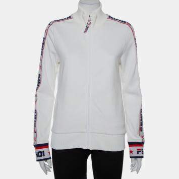 Pre Owned Fendi White Logo Strip Detail Knit Zipper Front Jacket M