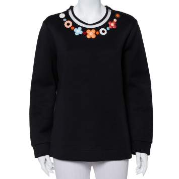 Pre Owned Fendi Black Knit Floral Neck Embellished Round Neck Top XL