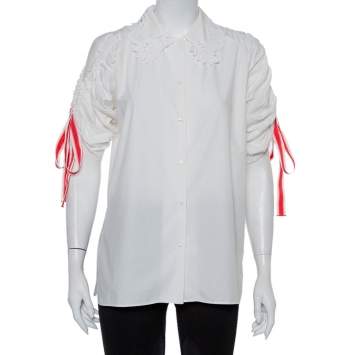 Pre Owned Fendi White Cotton Drawstring Detail Cold Shoulder Cutwork Collared Shirt S