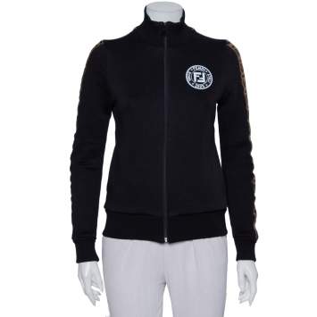 Pre Owned Fendi Black Jersey Logo Trim Detail Zip Front Jacket S