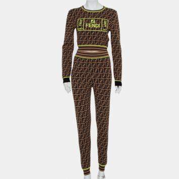 Pre Owned Fendi Brown Zucca Monogram Knit Logo Embroidered Crop Top & Leggings Set M