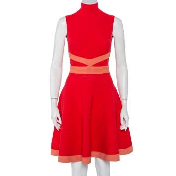 Pre Owned Fendi Red Rib Knit Contrast Trim High Neck Sleeveless Skater Dress S