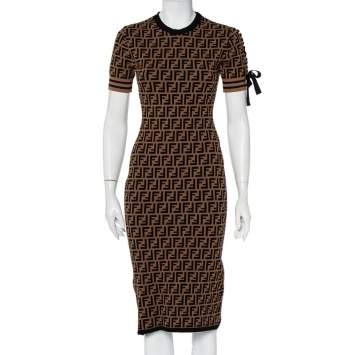 Pre Owned Fendi Brown Zucca Monogram Knit Short Sleeve Sheath Dress S