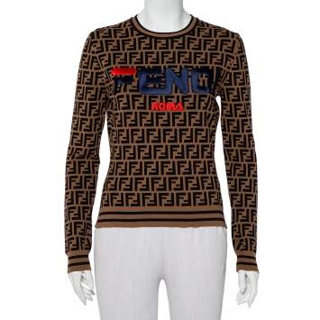 Pre Owned Fendi Brown Zucca Monogram Knit Logo Embroidered Jumper M