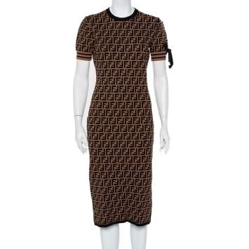 Pre Owned Fendi Brown Logo Monogram Knit Sheath Dress M