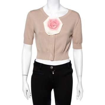 Pre Owned Fendi Beige Floral Applique Detail Short Sleeve Cropped Cardigan M